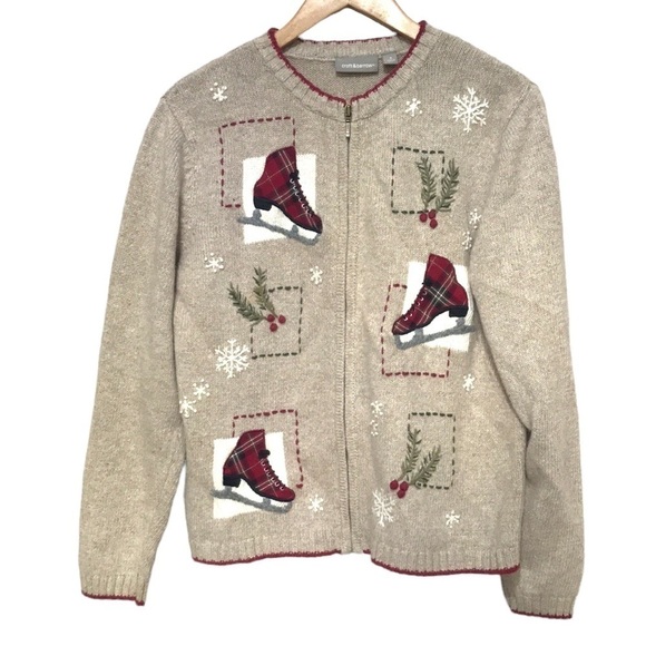 CROFT and Barrow wool angora blend zip up Christmas sweater tan red size Small - Picture 1 of 12